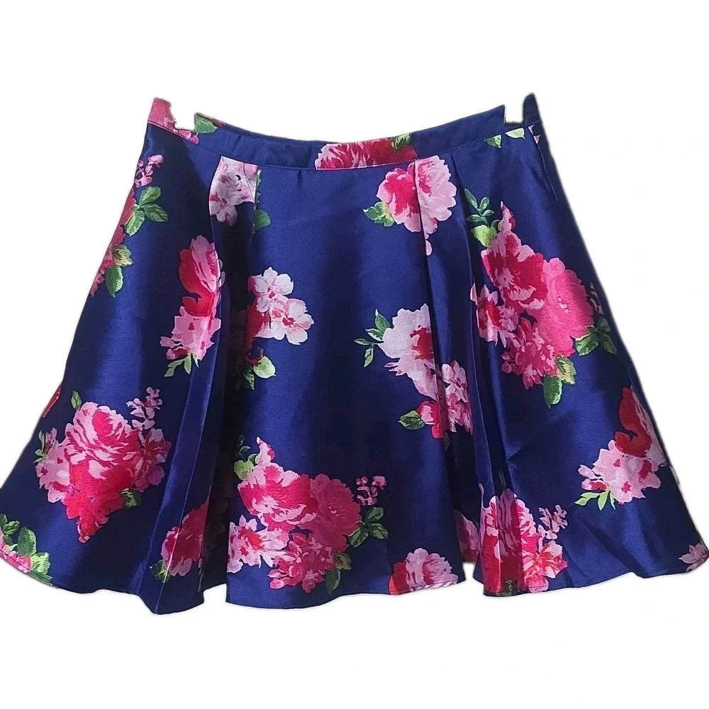 B. Darlin Blue Floral Flare/Pleated Lined Short Zip Up Skirt Girls 7/8